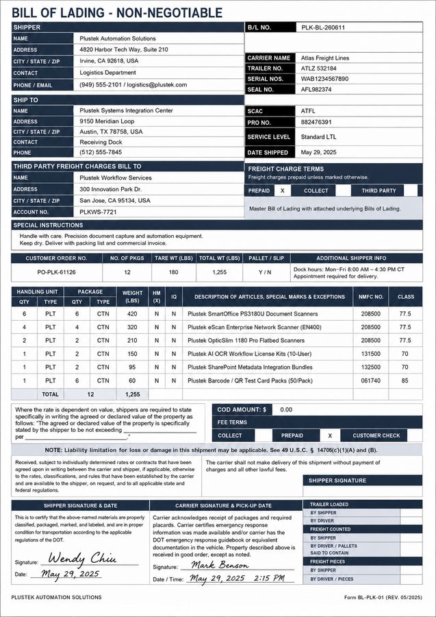 Bill of Lading sample
